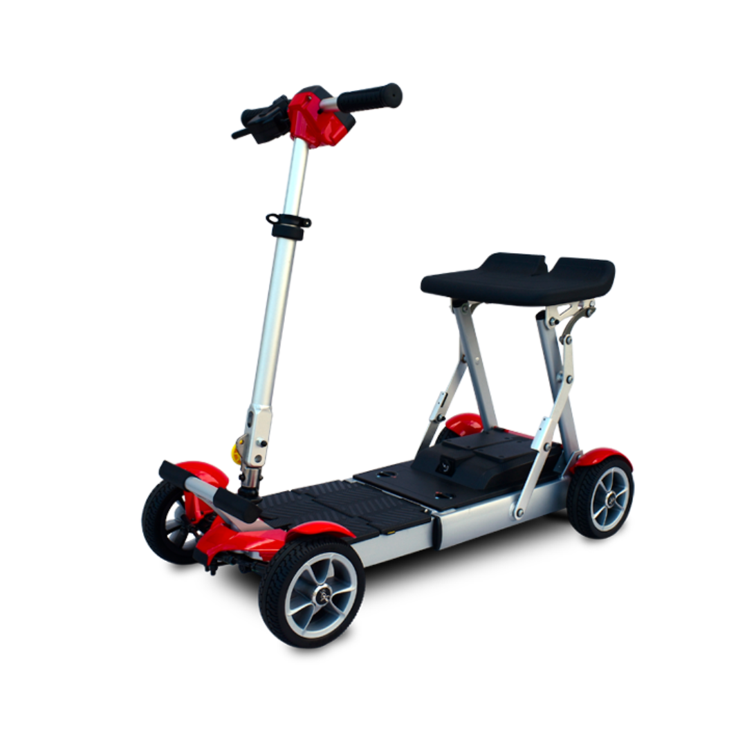 The EV Rider Gypsy Ultra Compact Airline Approved Scooter, a four-wheeled lightweight model in silver and red with black seat and handlebars, is displayed against a white background.